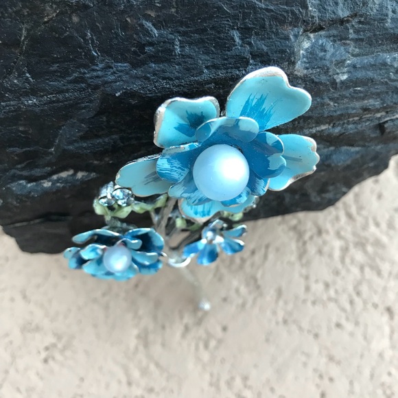 Vintage Brooch Silver Blue Enamel Flower Pin 60s - Picture 7 of 8